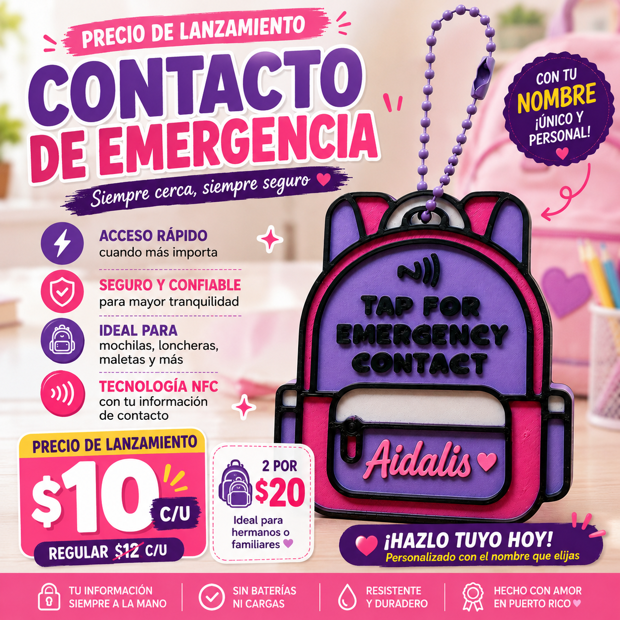 Llavero NFC Personalizado de Contacto de Emergencia para Mochila