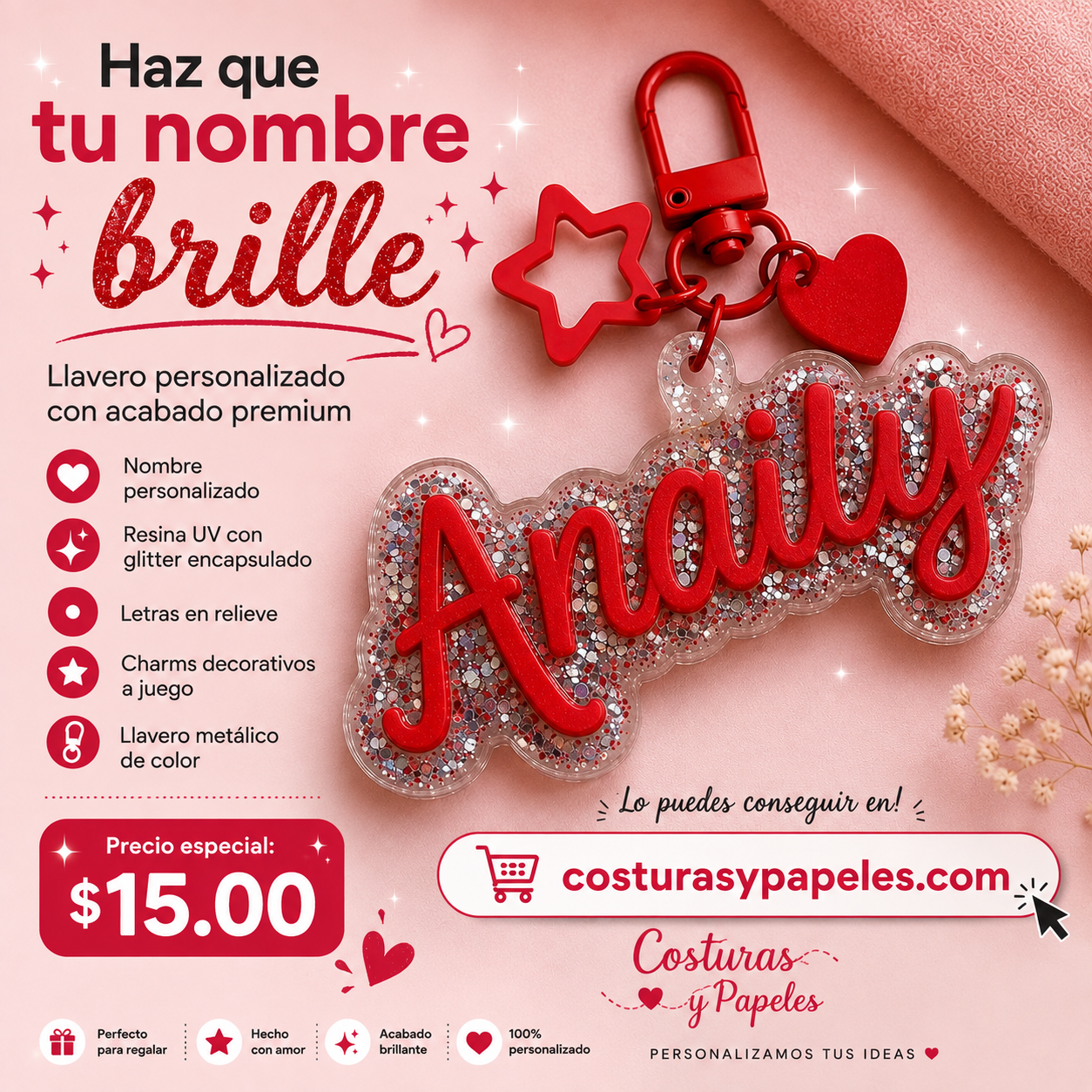 Llavero Personalizado con Nombre en Resina UV | Glitter y Charms