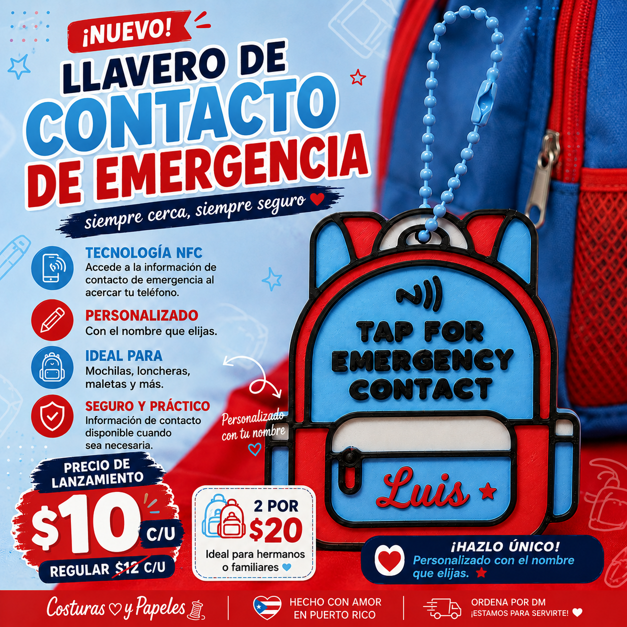 Llavero NFC Personalizado de Contacto de Emergencia para Mochila